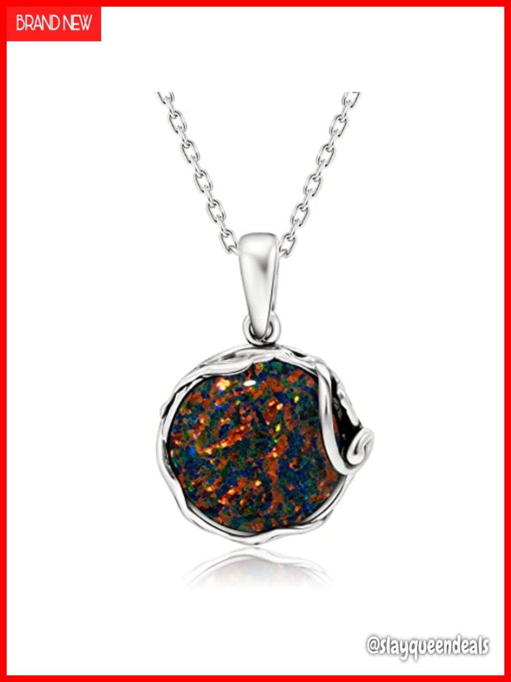 Sterling Silver Opal Pendant Necklace 14mm 18in